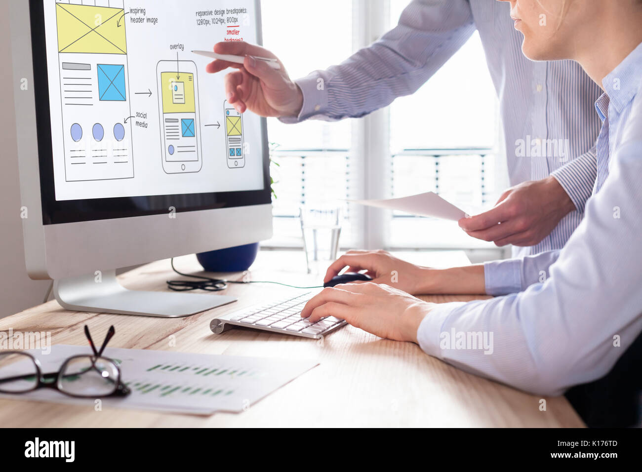 Professional web development and responsive design process showing modern website layouts and coding