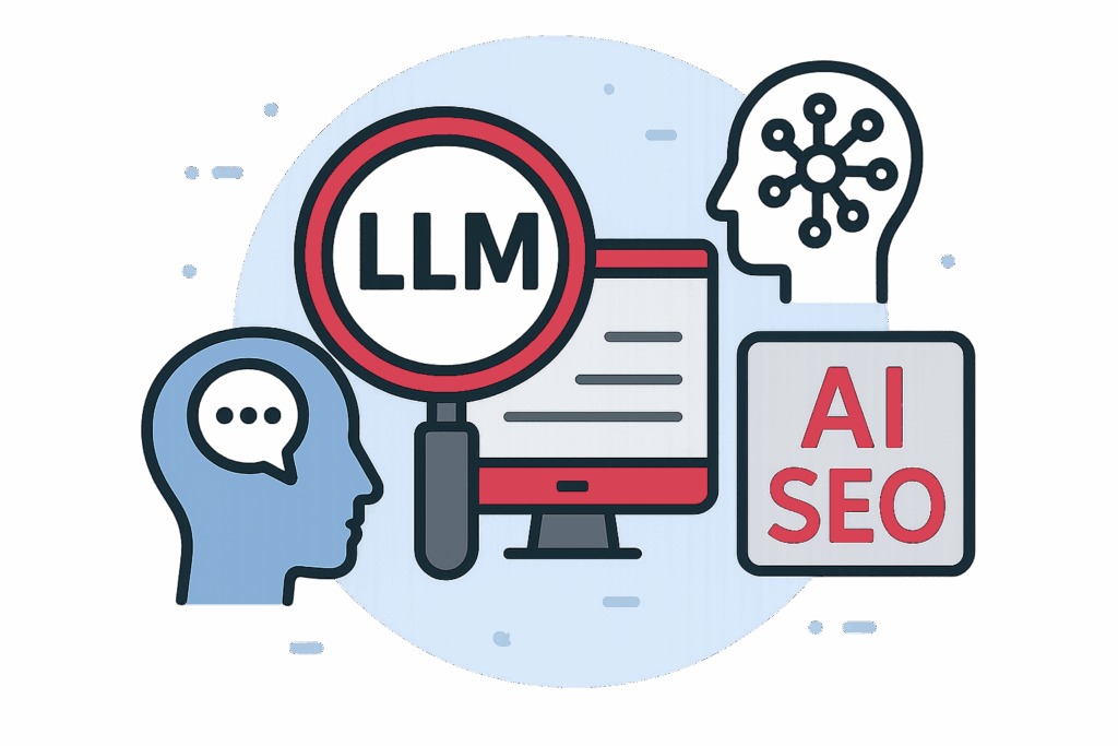 Conceptual illustration showing AI-powered SEO with human head profiles, magnifying glass highlighting LLM text on computer monitor, neural network brain, and AI SEO badge
